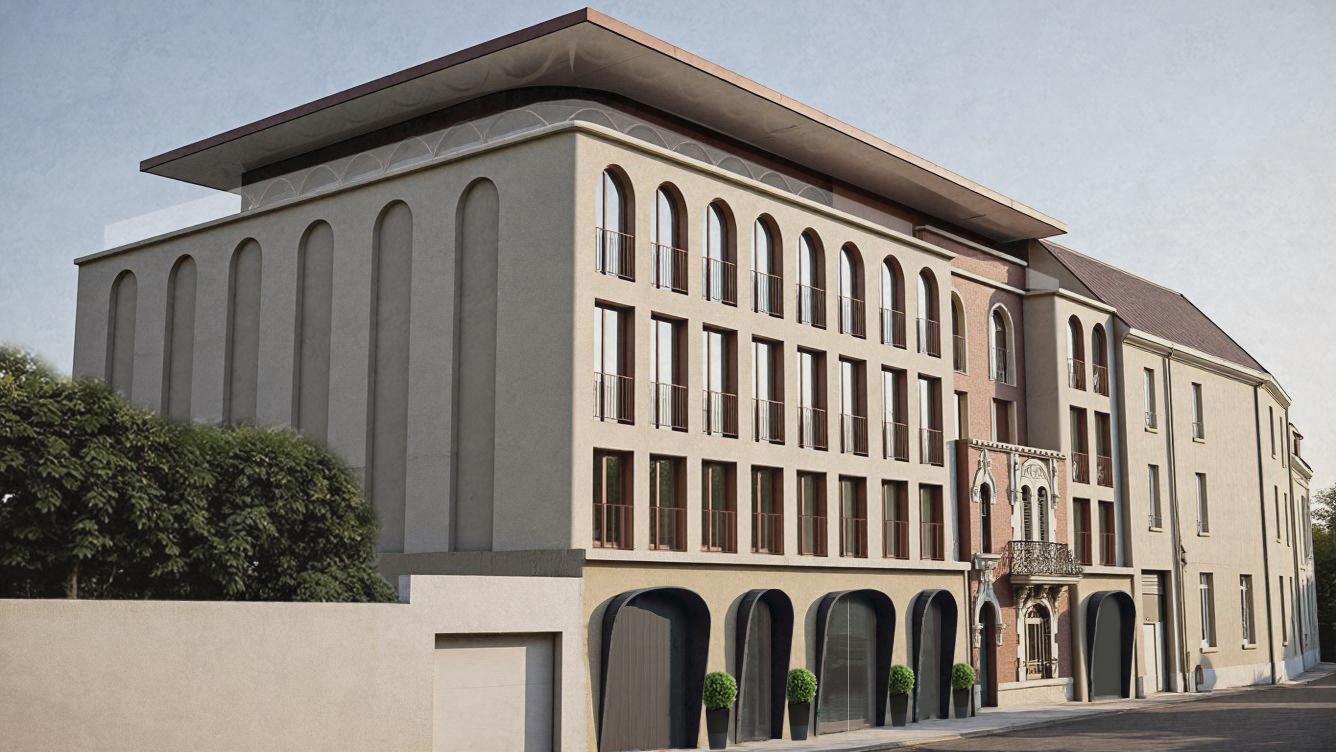 Attique et toiture en bac acier de l'extension d'hôtel, vue sur la cathédrale de Chartres