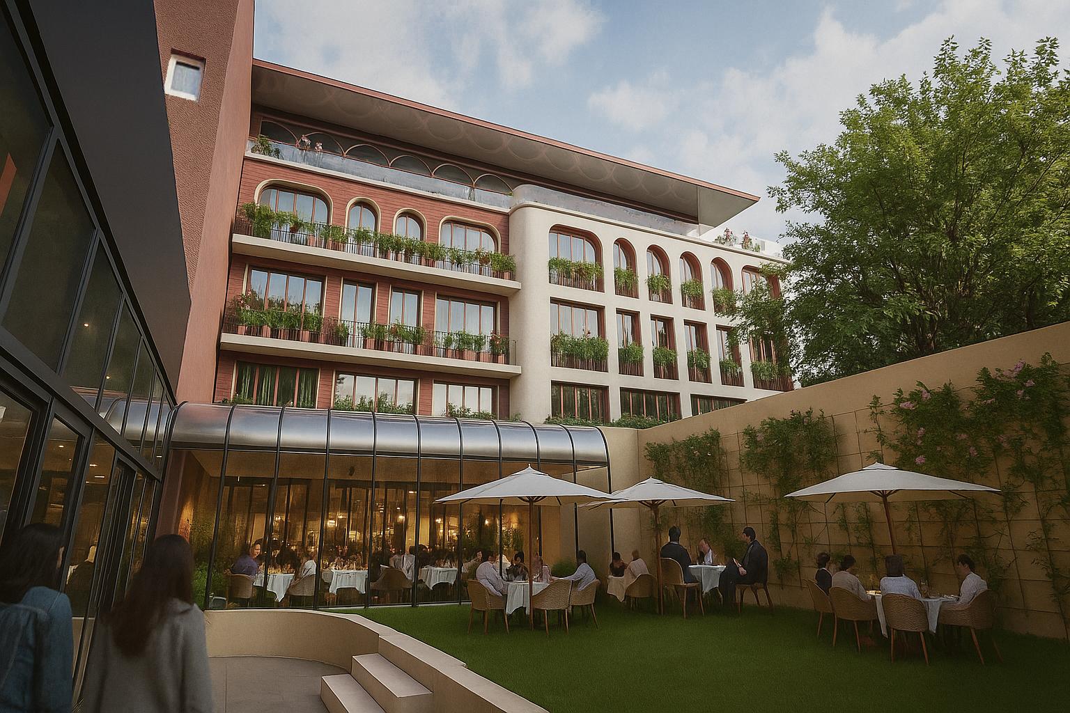 Verrière du petit-déjeuner ouverte sur le jardin du spa
