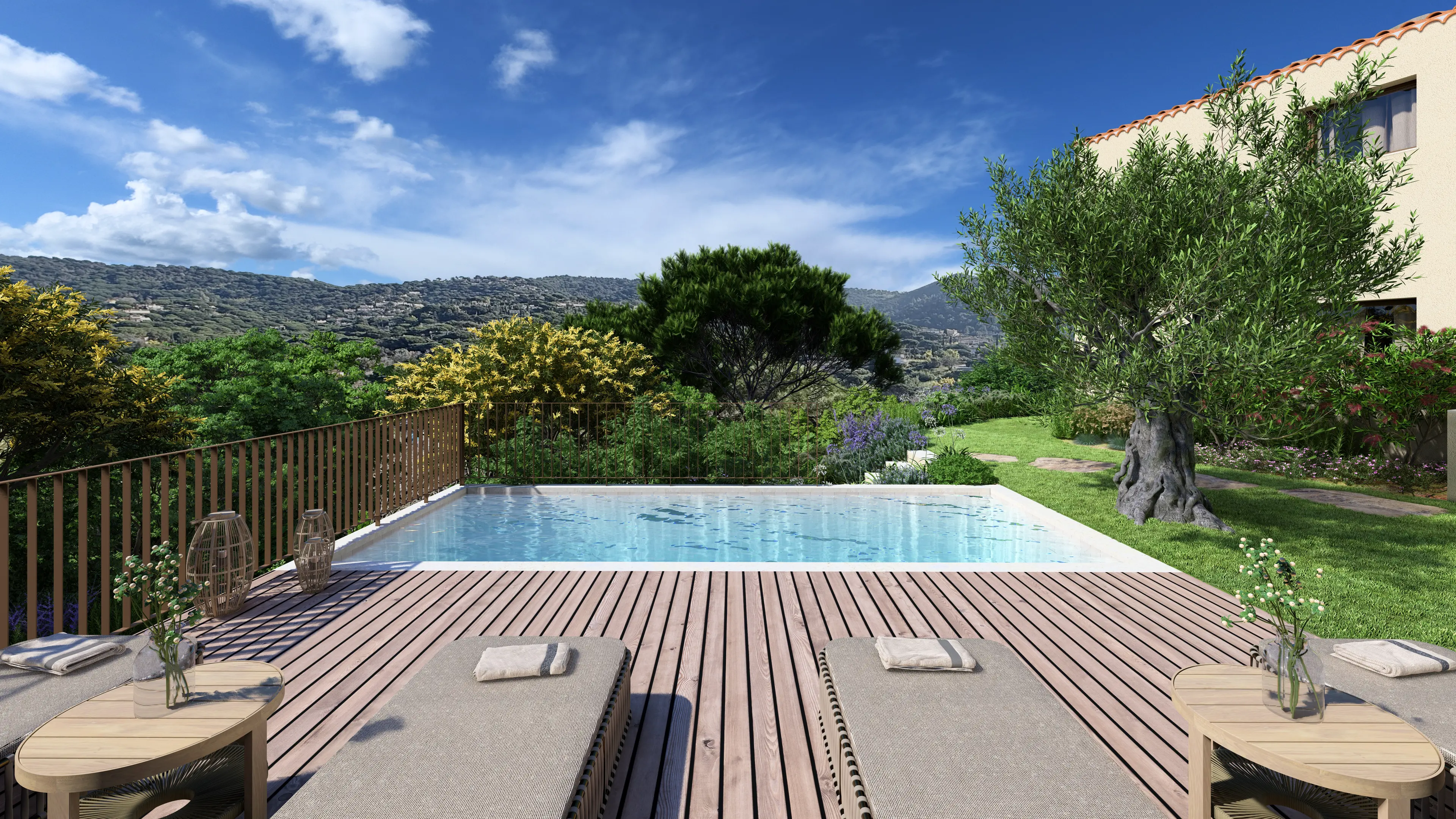 Façade en enduit clair et bardage bois horizontal, menuiseries aluminium brun